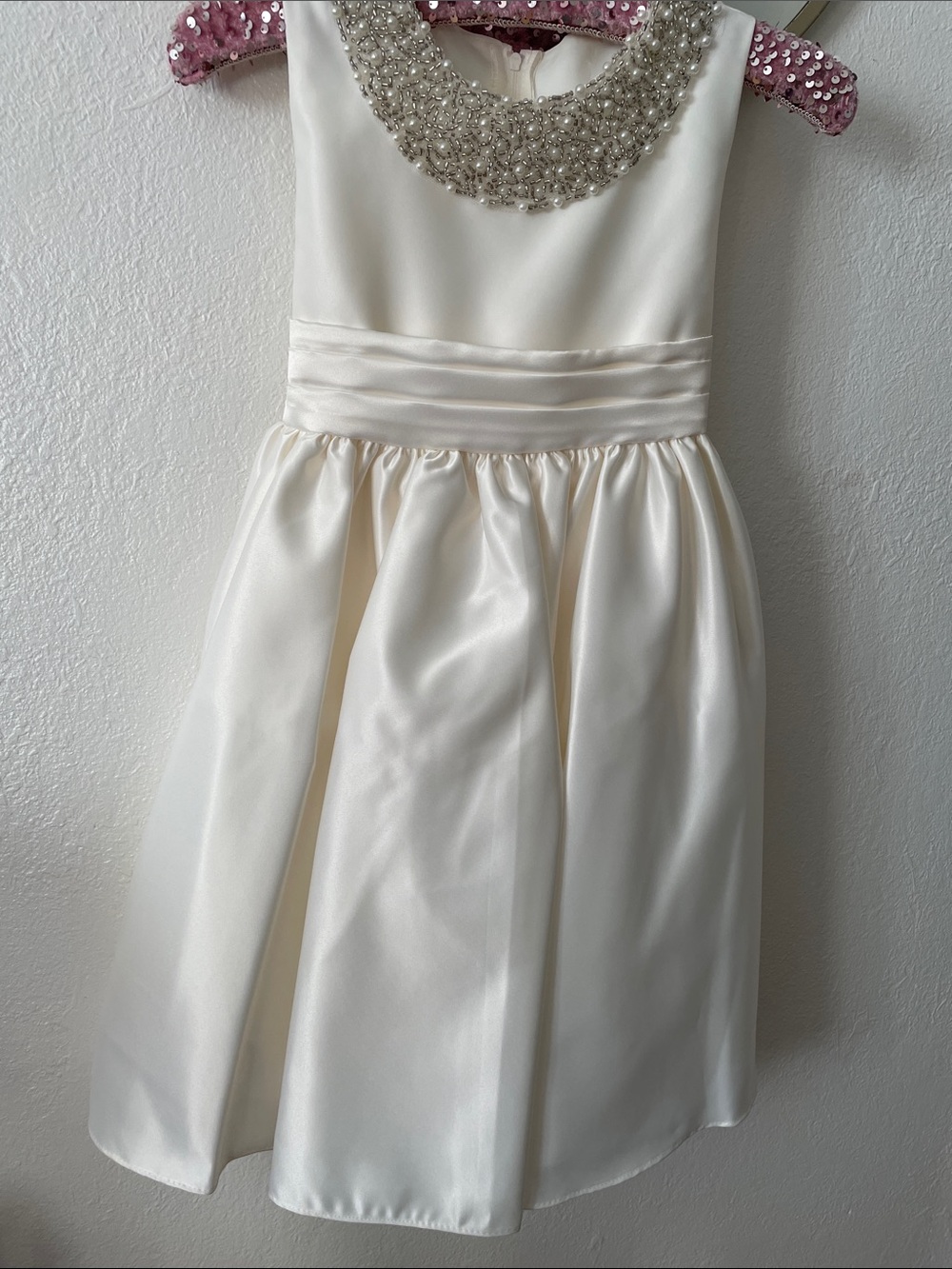 Girls Ivory Satin Party Dress with Beaded Collar